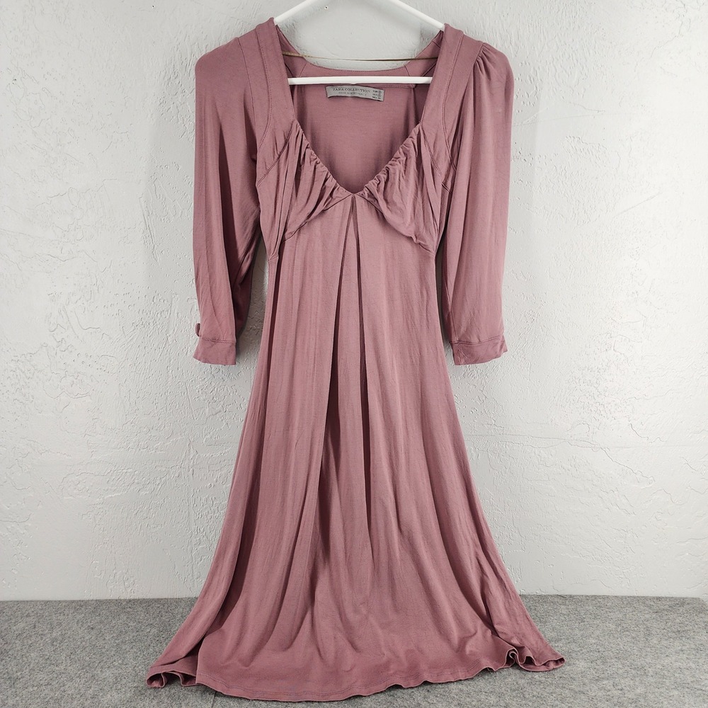 Zara Collection S Mauve Pink Ruched V-Neck Long Sleeve Midi Dress Coquette Woman
